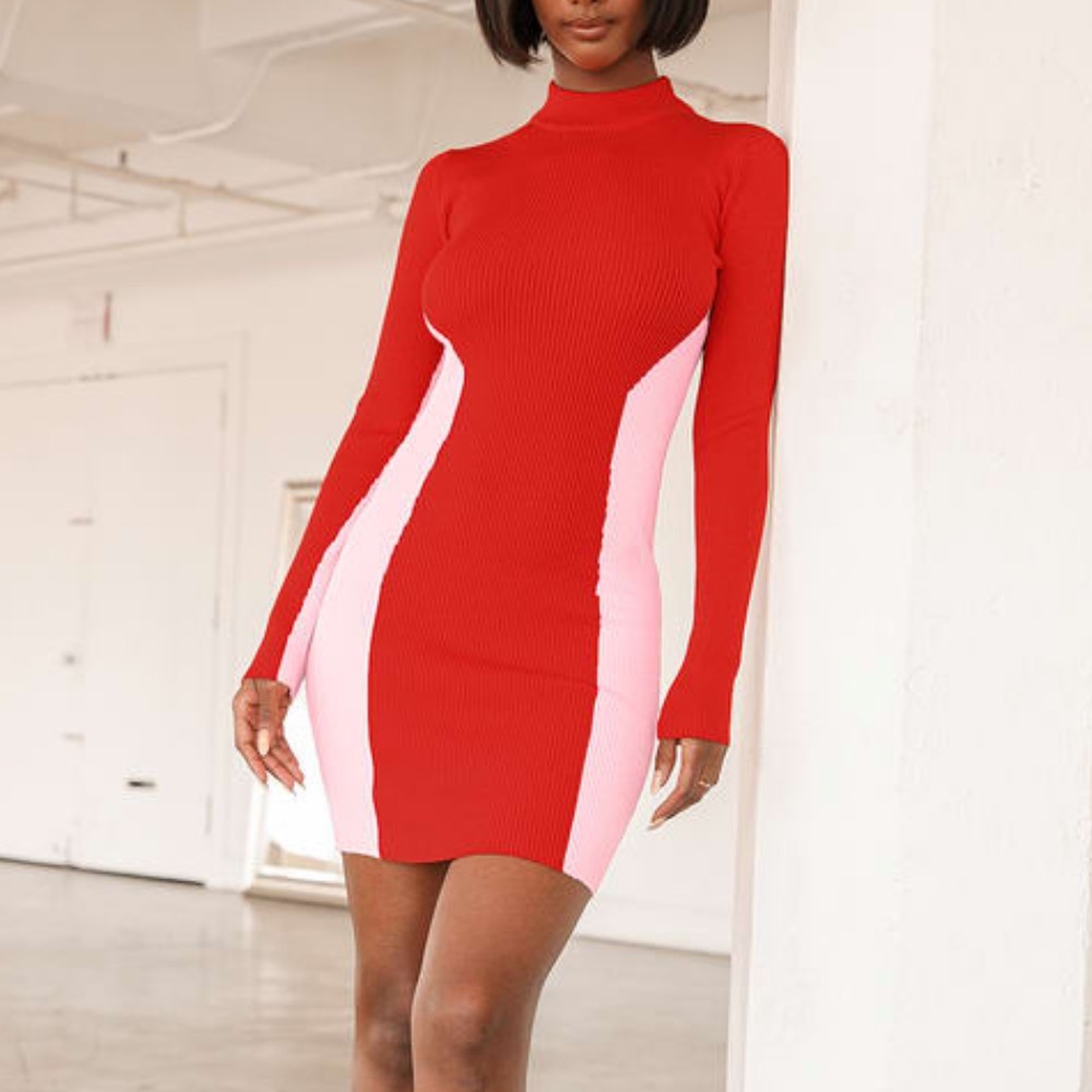 LULUS RED AND PINK COLOR BLOCK BODYCON SWEATER DRESS